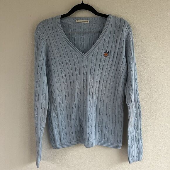 Fairway & Greene Blue Cable Knit Sweater Size Medium 100% Cotton V Neck - Picture 1 of 8